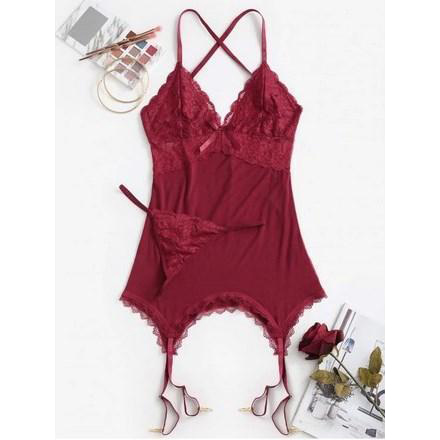 Crisscross Lace Panel Gartered Chemise Set