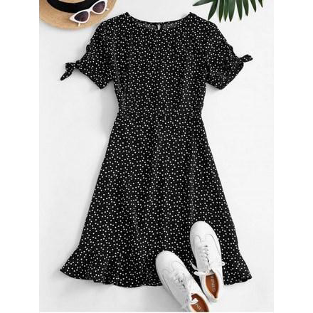 Ditsy Hearts Flounce Tie Sleeve Keyhole Dress