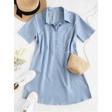 Chambray Placket Button Tab Sleeve Shirt Dress