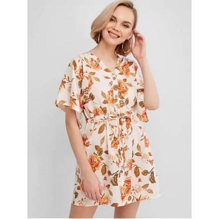 Drawstring Waist Floral Button Up Mini Dress