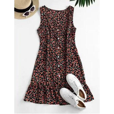 Ditsy Floral Plunging Flounce Button Front Dress