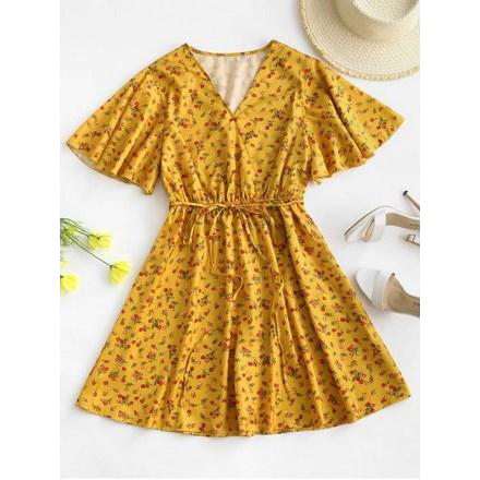 Belted Flutter Sleeve Ditsy Floral Mini Dress