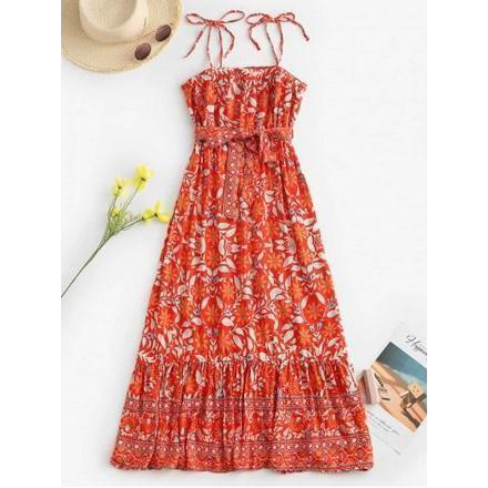 Belted Leaves Floral Tie Shoulder Midi Dress